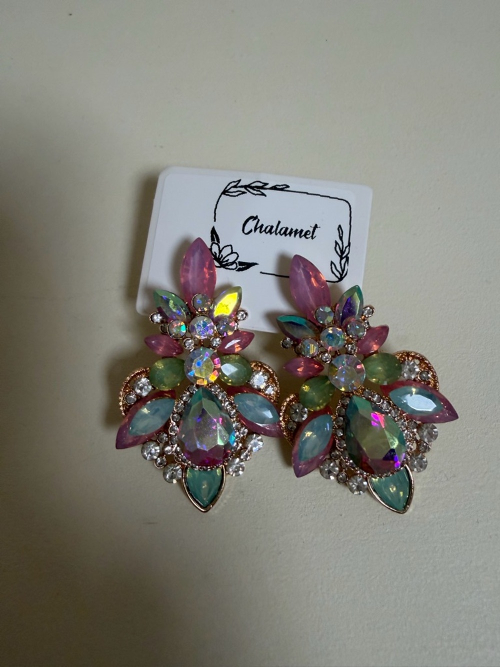 PromGirl Iridescent Multicolor Crystal Drop Earrings - Pink, Green, Blue